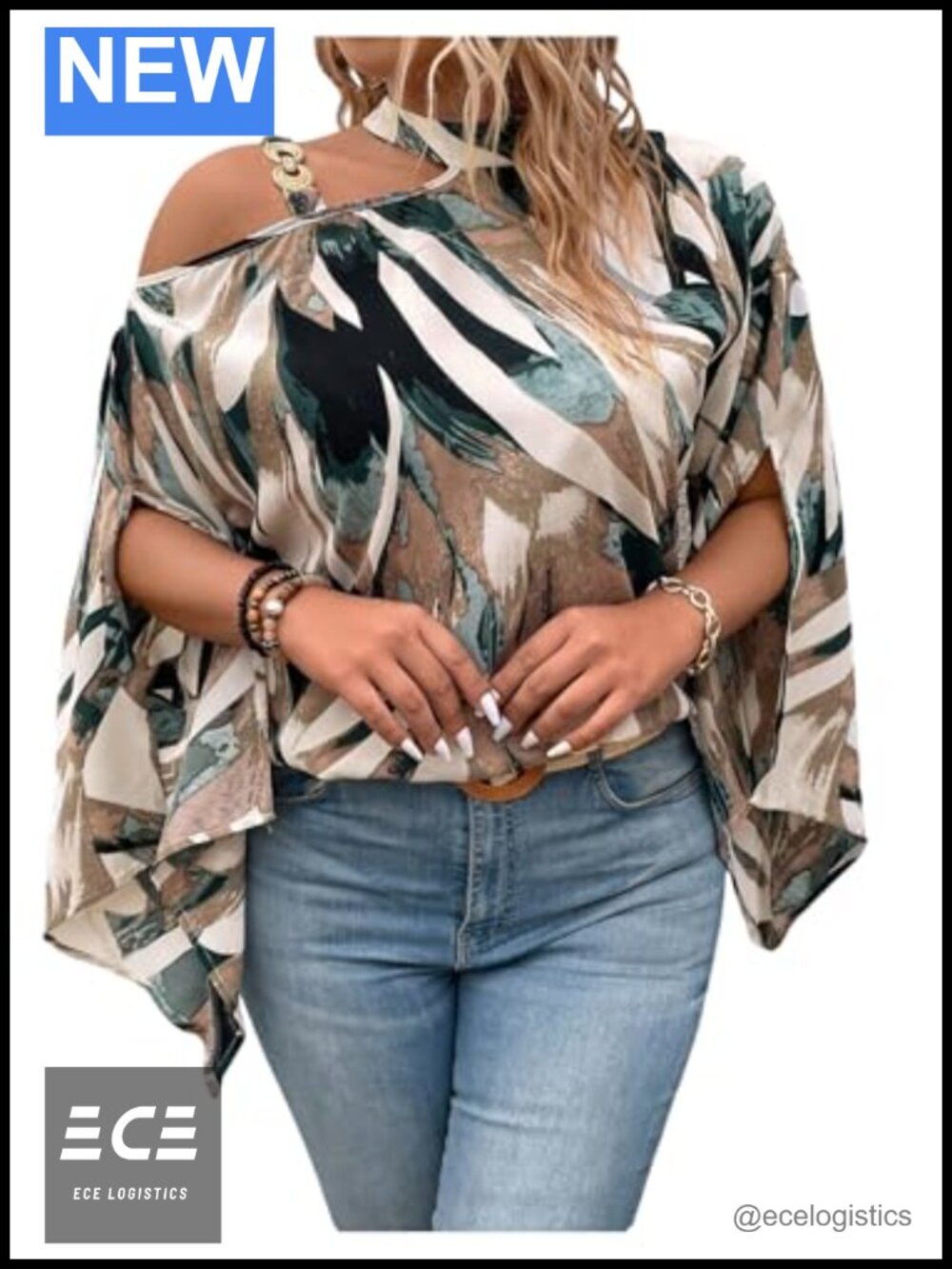 Plus Size Blouse Cold Shoulder 3/4 Sleeve Asymmetrical Neck Top